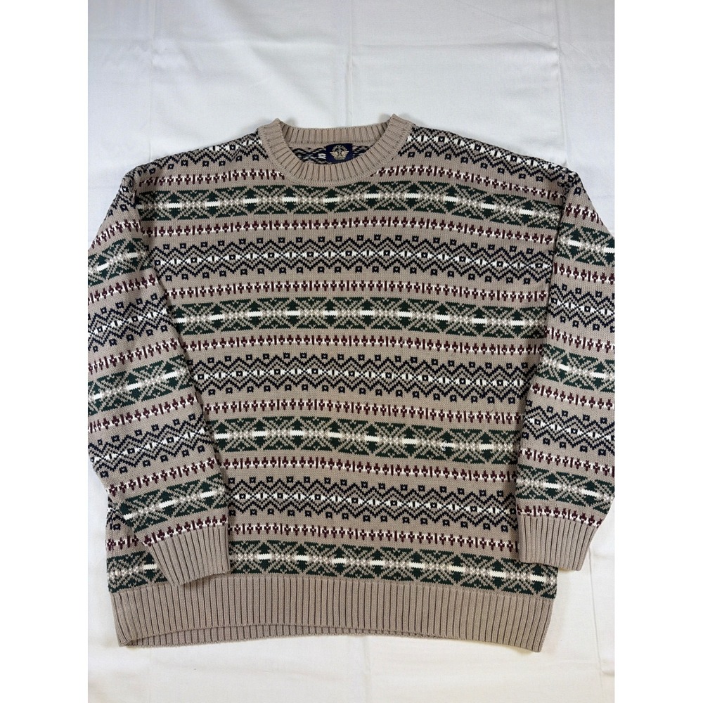 VNTG 90's Dockers Men Large Cotton Fair Isle Crewneck Sweater Tan Green Burgundy